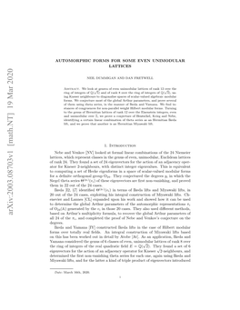 AUTOMORPHIC FORMS for SOME EVEN UNIMODULAR LATTICES 3 Us to a Conjecture (7.6) About Congruences for Non-Parallel Weight Hilbert Modular Forms