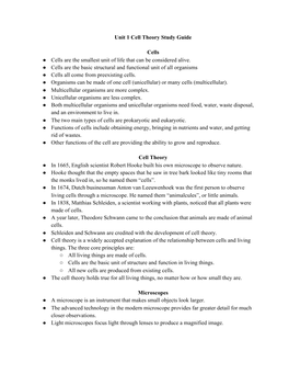 Unit 1 Cell Theory Study Guide