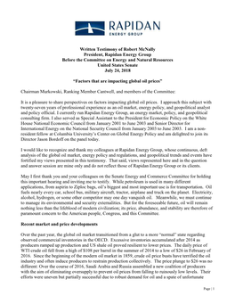 Written Testimony of Robert Mcnally President, Rapidan Energy Group Before the Committee on Energy and Natural Resources United States Senate July 24, 2018