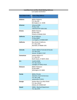 Local Blue Cross and Blue Shield Mailing Addresses Last Update 10/24/2013