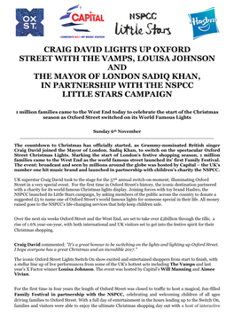 Craig David Lights up Oxford Street with the Vamps, Louisa Johnson and the Mayor of London Sadiq Khan, in Partnership with the Nspcc Little Stars Campaign