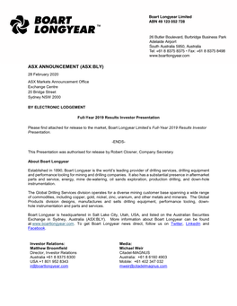 ASX ANNOUNCEMENT (ASX:BLY) 28 February 2020 ASX Markets Announcement Office Exchange Centre 20 Bridge Street Sydney NSW 2000