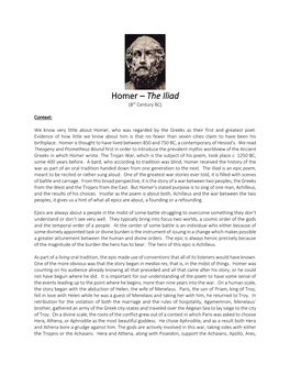 Homer – the Iliad (8Th Century BC)