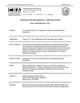 Certificate of General Experience – Public Accounting