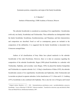 Systematic Position, Composition, and Origin of the Family Scombridae