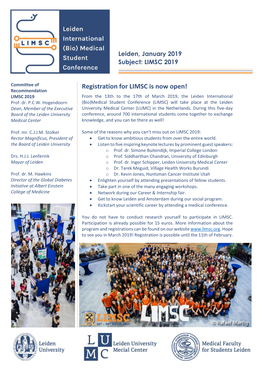 Registration for LIMSC Is Now Open! Recommendation LIMSC 2019 from the 13Th to the 17Th of March 2019, the Leiden International Prof