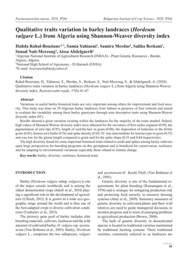 Qualitative Traits Variation in Barley Landraces (Hordeum Vulgare L.) from Algeria Using Shannon-Weaver Diversity Index