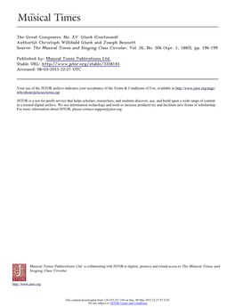 The Great Composers. No. XV. Gluck (Continued) Author(S): Christoph Willibald Gluck and Joseph Bennett Source: the Musical Times and Singing Class Circular, Vol