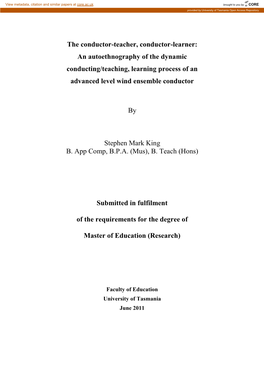 The Conductor-Teacher, Conductor-Learner: an Autoethnography of the Dynamic Conducting/Teaching, Learning Process of an Advanced Level Wind Ensemble Conductor