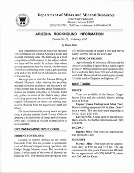 Department of Mines and Mineral Resources 1502 West Washington Phoenix, Arizona 85007 (602) 255-3791 Toll Free in Arizona - 1-800-446-4259