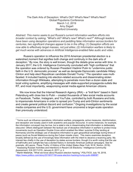 The Dark Arts of Deception: What's Old? What's New? What's Next? Global Populisms Conference March 1-2, 2019 Amy Zegart Stanford University