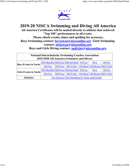 NISCA All-America Swimming and Diving 2019 - 2020