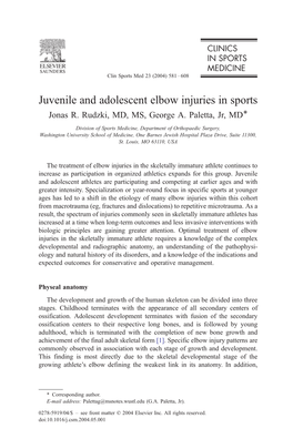 Juvenile and Adolescent Elbow Injuries in Sports Jonas R