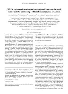 XB130 Enhances Invasion and Migration of Human Colorectal Cancer Cells by Promoting Epithelial‑Mesenchymal Transition