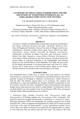 A Summary of Indian Cheilanthoid Ferns and the Discovery of Negripteris (Pteridaceae), an Afro-Arabian Fern Genus New to India