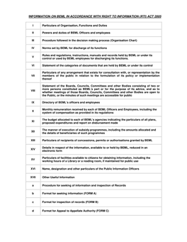 Information on Beml in Accordance with Right to Information (Rti) Act 2005