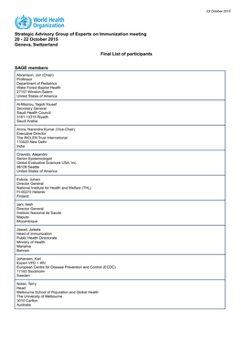 Strategic Advisory Group of Experts on Immunization Meeting 20 - 22 October 2015 Geneva, Switzerland