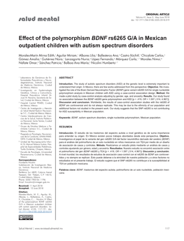 Effect of the Polymorphism BDNF Rs6265 G/A in Mexican Outpatient Children with Autism Spectrum Disorders