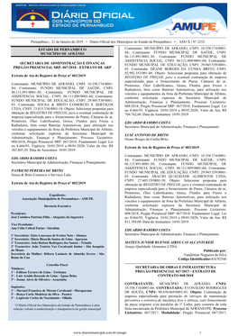 Pernambuco , 21 De Janeiro De 2019 • Diário Oficial Dos Municípios Do Estado De Pernambuco • ANO X | Nº 2252