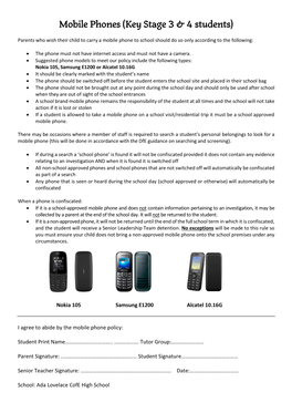 Mobile Phones (Key Stage 3 & 4 Students)