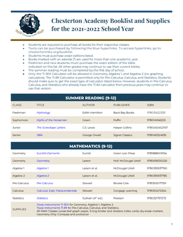 Chesterton Academy Booklist and Supplies for the 2021-2022 School Year