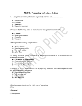 MCQ for Accounting for Business Decision