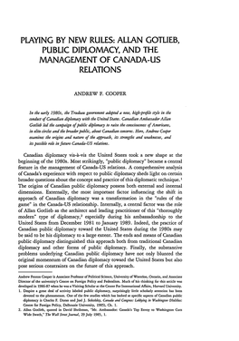 Playing by New Rules: Allan Gotlieb, Public Diplomacy, and the Management of Canada-Us Relations