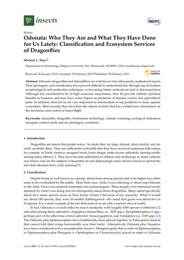 Odonata: Who They Are and What They Have Done for Us Lately: Classiﬁcation and Ecosystem Services of Dragonﬂies