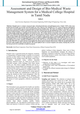 Assessment and Design of Bio-Medical Waste Management System for a Medical College Hospital in Tamil Nadu