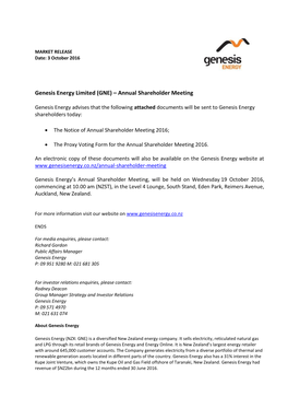 Genesis Energy Limited (GNE) – Annual Shareholder Meeting