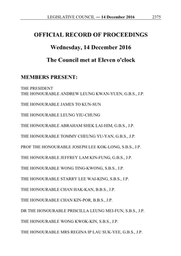 OFFICIAL RECORD of PROCEEDINGS Wednesday, 14