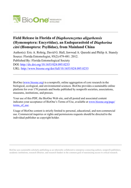 An Endoparasitoid of Diaphorina Citri (Homoptera: Psyllidae), from Mainland China Author(S): Eric A