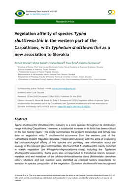 Vegetation Affinity of Species Typha Shuttleworthii in the Western Part of the Carpathians, with Typhetum Shuttleworthii As a New Association to Slovakia