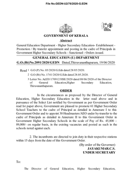 G.O.(Rt)No.2091/2020/GEDN Dated,Thiruvananthapuram, 19/06/2020