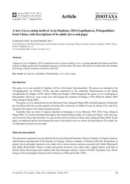 A New Cocos-Eating Moth of Acria Stephens, 1834 (Lepidoptera, Peleopodidae) from China, with Descriptions of Its Adult, Larva and Pupa