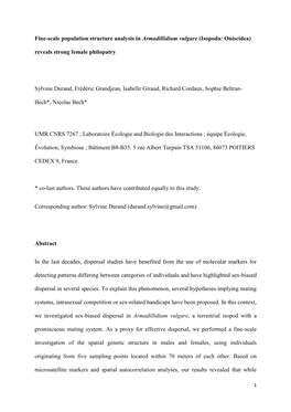 Fine-Scale Population Structure Analysis in Armadillidium Vulgare (Isopoda: Oniscidea) Reveals Strong Female Philopatry