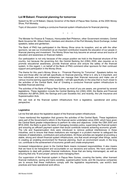 Loi M Bakani: Financial Planning for Tomorrow Speech by Mr Loi M Bakani, Deputy Governor of the Bank of Papua New Guinea, at the 2005 Money Show, Port Moresby