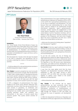 JPFP Newsletter Japan Parliamentarians Federation for Population (JPFP) No.103 January & February 2021 JPFP Column