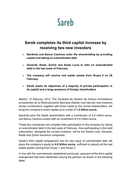 Sareb Completes Its Third Capital Increase by Receiving Two New Investors