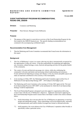 Event Partnership Program Recommendations, Round One, 2008/09