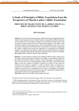 A Study of Principles of Bible Translation from the Perspective of Martin Luther's Bible Translation