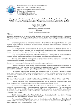 New Perspectives in the Regional Development of a Small Hungarian Roma Village with the Conceptual Participation of the Hungarian Organisation of the Order of Malta