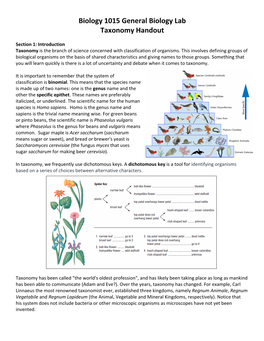 Biology 1015 General Biology Lab Taxonomy Handout