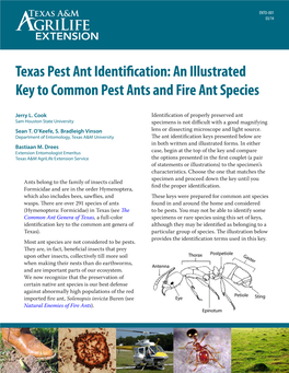 Texas Pest Ant Identification: an Illustrated Key to Common Pest Ants and Fire Ant Species