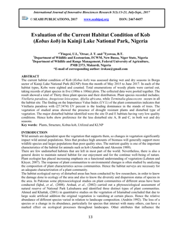 Evaluation of the Current Habitat Condition of Kob (Kobus Kob) in Kainji Lake National Park, Nigeria
