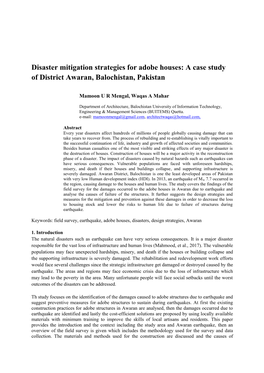 A Case Study of District Awaran, Balochistan, Pakistan