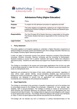 Title: Admissions Policy (Higher Education)