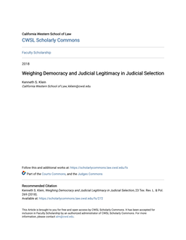 Weighing Democracy and Judicial Legitimacy in Judicial Selection