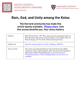 Rain, God, and Unity Among the Kotas