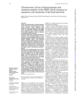 Chromosome 3P Loss of Heterozygosity and Mutation Analysis of the FHIT and Â-Cat Genes in J Clin Pathol: First Published As 10.1136/Jcp.51.7.520 on 1 July 1998